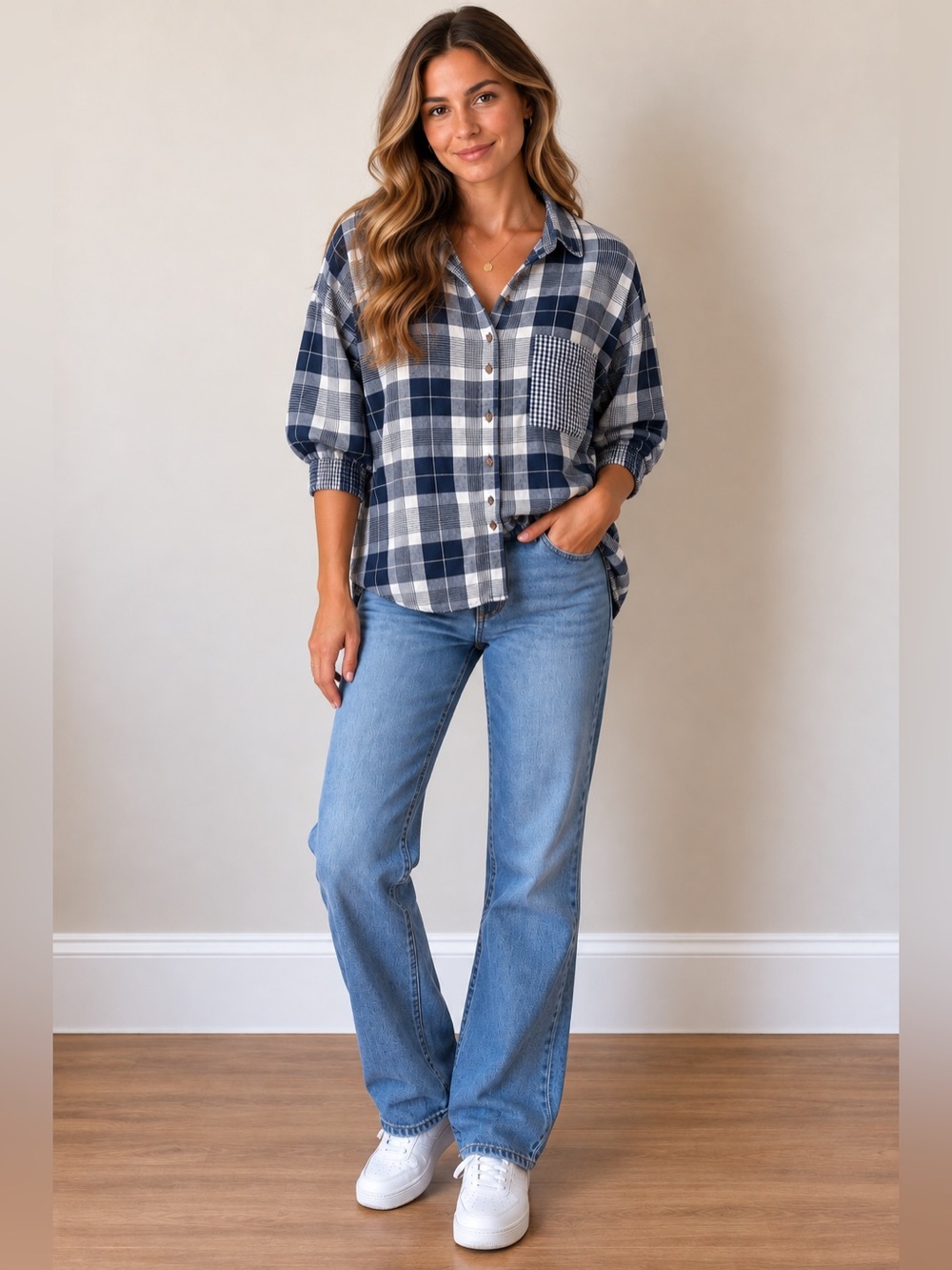 Anthropologie Navy and White Plaid Button-Down Shirt